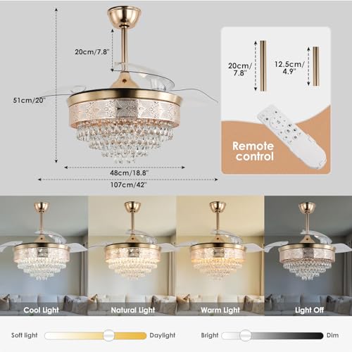 42'' Dimmable Fandalier Crystal Ceiling Fans LED Retractable Ceiling Fandeliers Chandelier with Light and Remote Ceiling Fan for Bedroom, APP & Memory Function, 6 Speeds