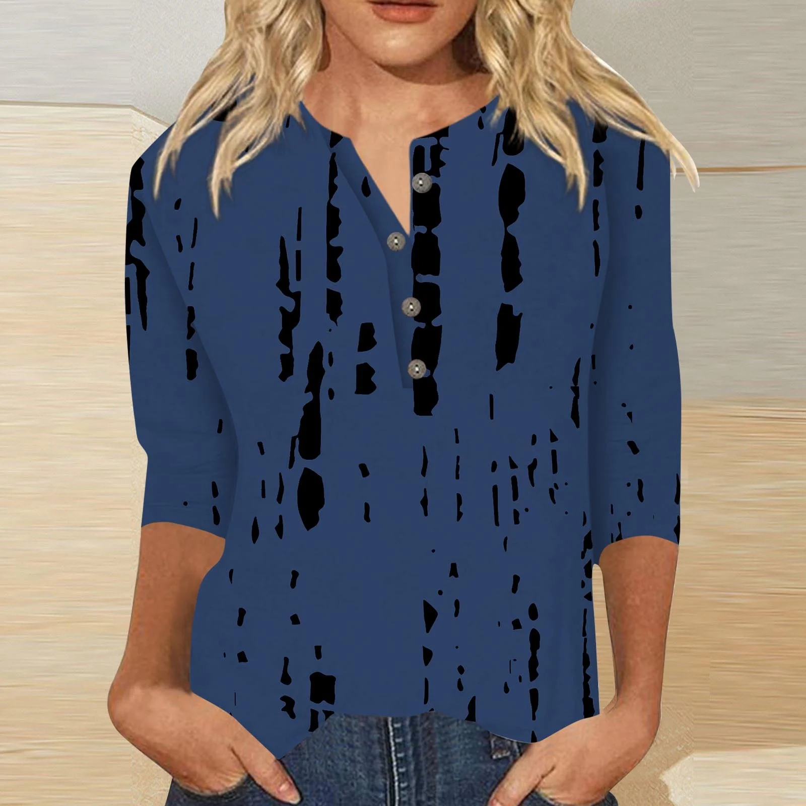 Women's Casual Loose Printed Button Three Quarter Sleeve T Shirt Top - Curated Treasures Market