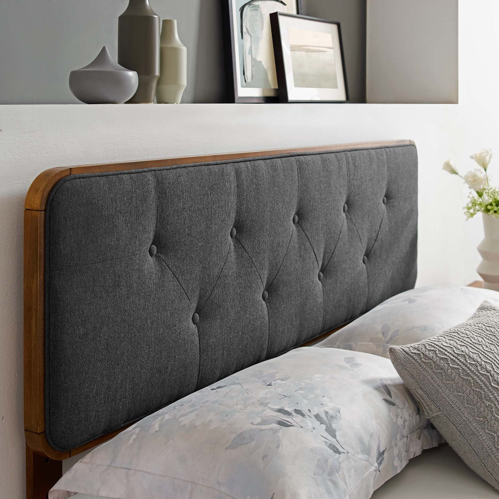 Tufted Headboard. Full Size. Wood. Fabric. Brown Walnut Grey Gray. Modern Contemporary Urban Design. Bedroom Master Guest Suite