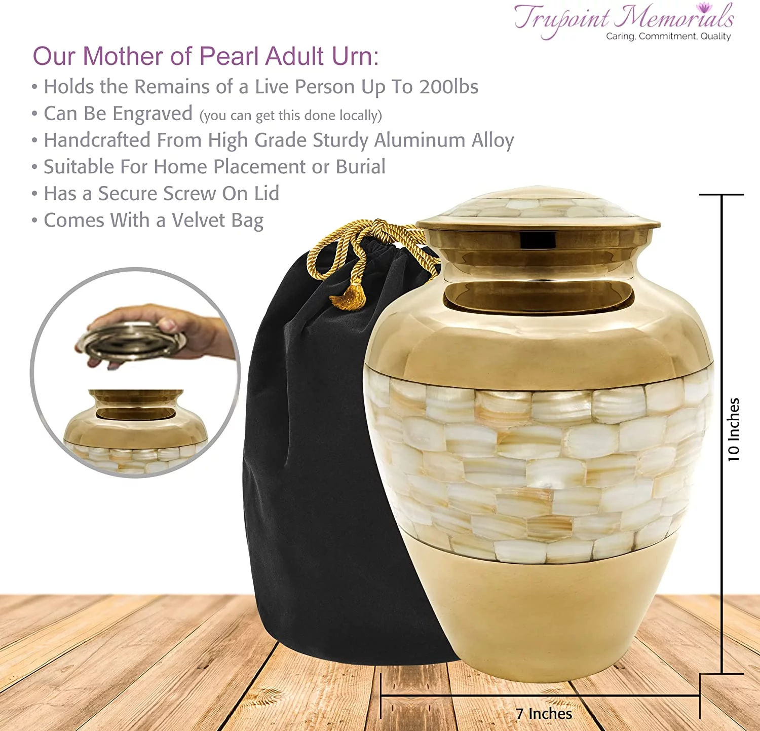 Trupoint Memorials Mother of Pearl Adult Cremation Urn for Human Ashes - with Velvet Bag - Curated Treasures Market