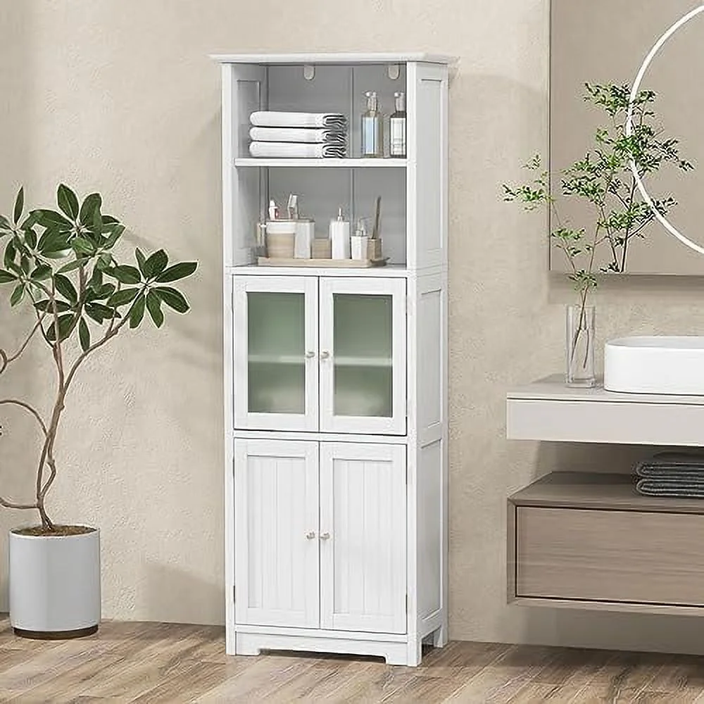YPDCHB Tall Bathroom  Cabinet  Freestanding Kitchen Pantry Cabinet with Glass Doors and Adjustable   64\u201D Wooden Linen Floor Cabinet for Bathroom  Living Room  Kitchen (White) - Curated Treasures Market