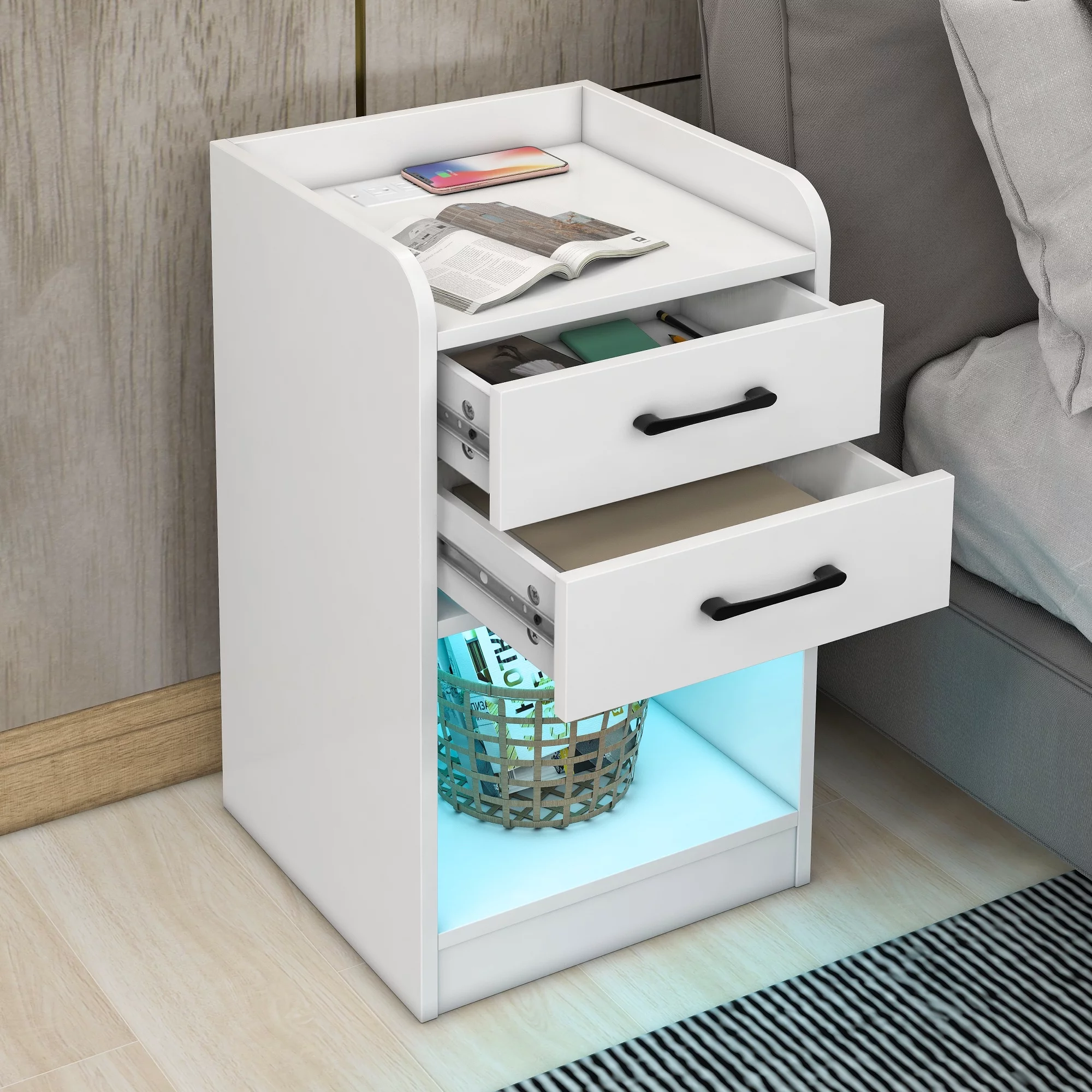 Seizeen White Nightstand with Wireless Charging Station, Modern End Side Table with Remote Control LED Lights, 2 Drawers and Cabinet, Nightstand Storage Cabinet for Bedroom, L0058 - Curated Treasures Market