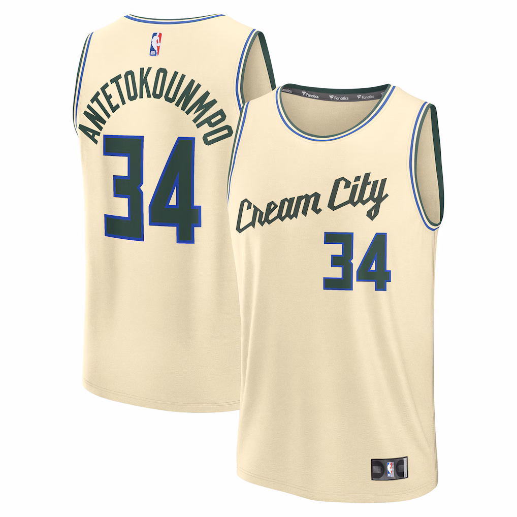 Men's Milwaukee Bucks Giannis Antetokounmpo Fanatics Cream 2025/26 City Edition Fast Break Jersey