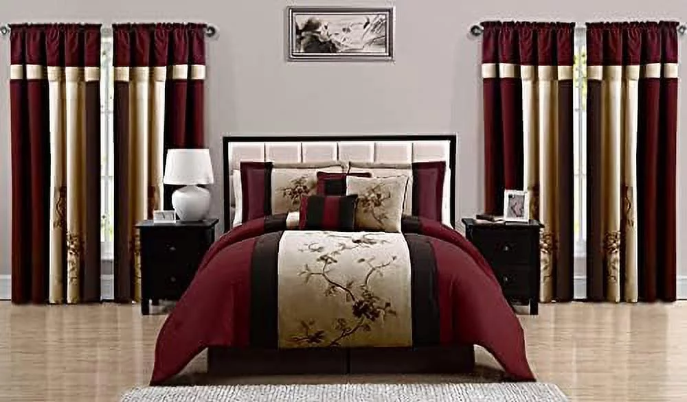CDJXNLY Vienna 7-Piece Embroidered Floral Comforter Set (Queen  Burgundy Taupe Brown) - Curated Treasures Market