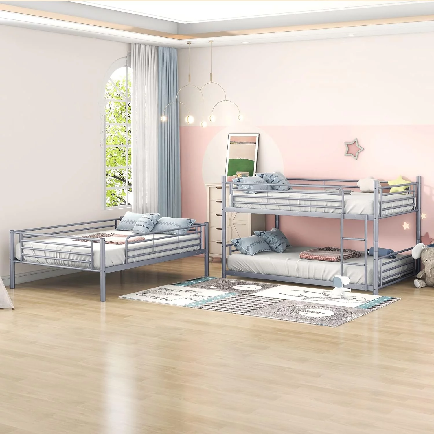 Tabaray Triple Beds Full-Full-Full Floor Bunk Bed with 2 Convertible Ladders and Iron Slats, Steel Bedframe with Guardrails for Teens Adults Boys Girls (Grey) - Curated Treasures Market