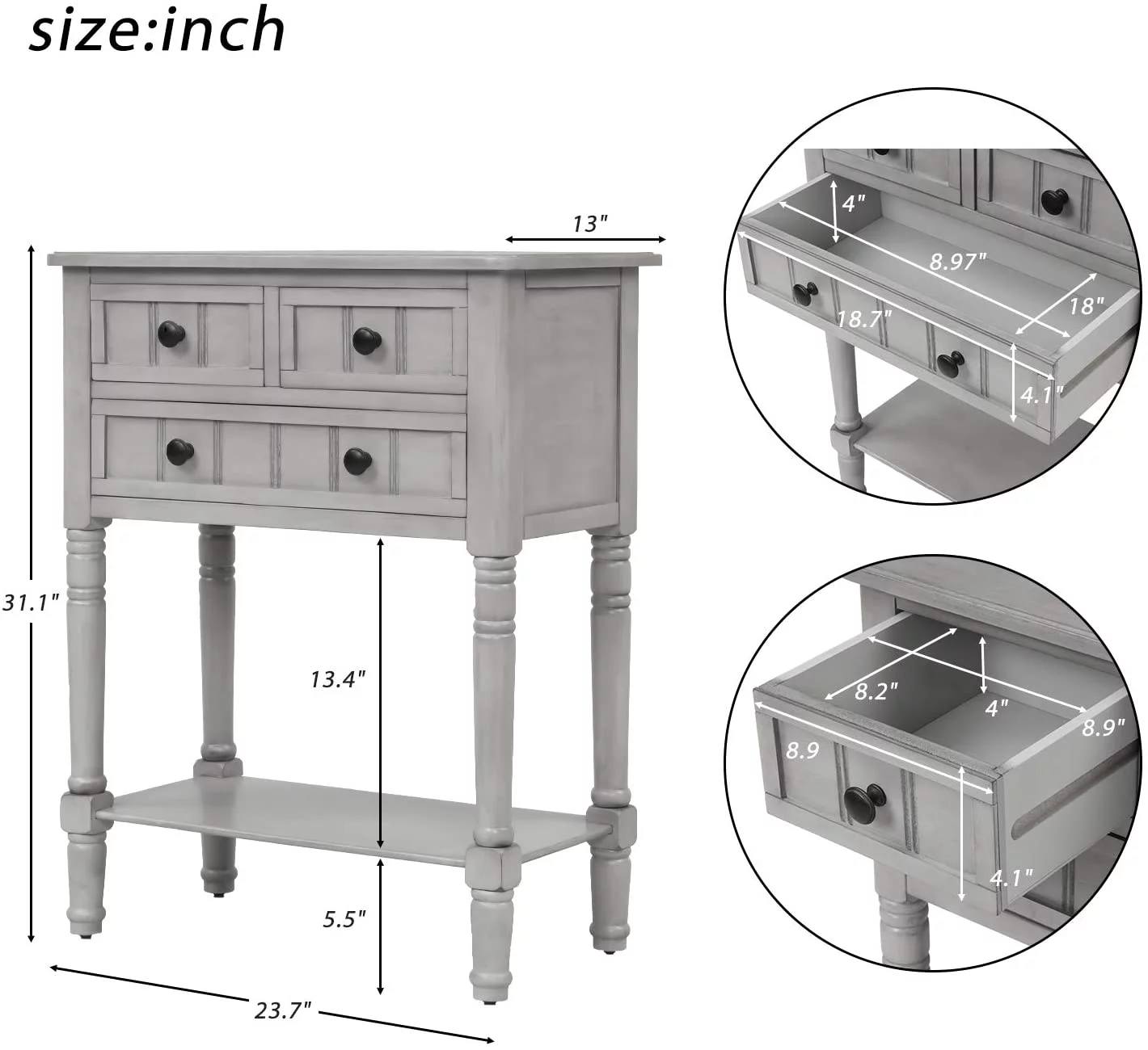 Narrow Console Table, Rustic Entryway Table Slim Sofa Table with Three Storage Drawers and Bottom Shelf, Wood Side Table for Living Room, Easy Assembly (Gray) - Curated Treasures Market