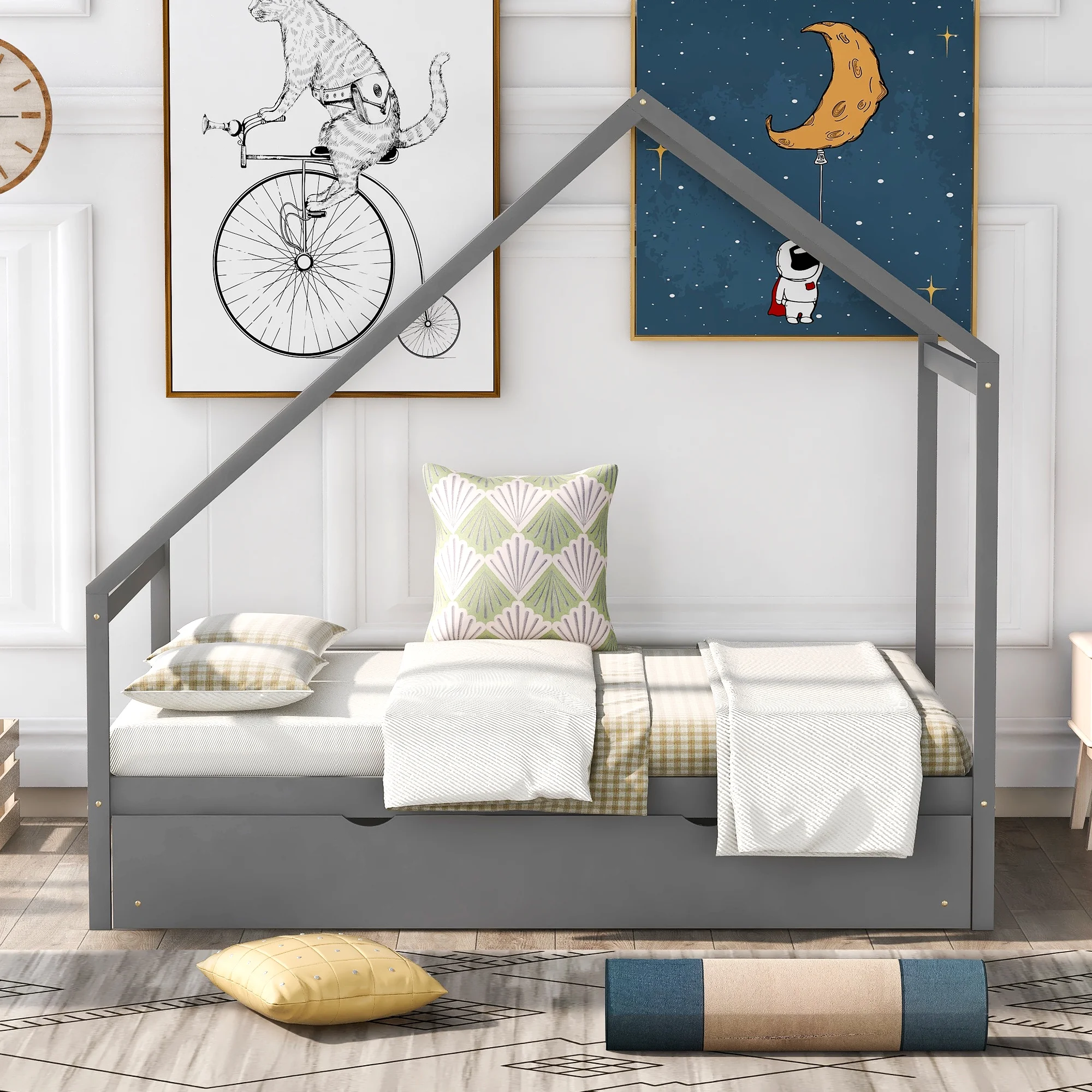 Full Size Wooden House Bed With Twin Size Trundle. GRAY