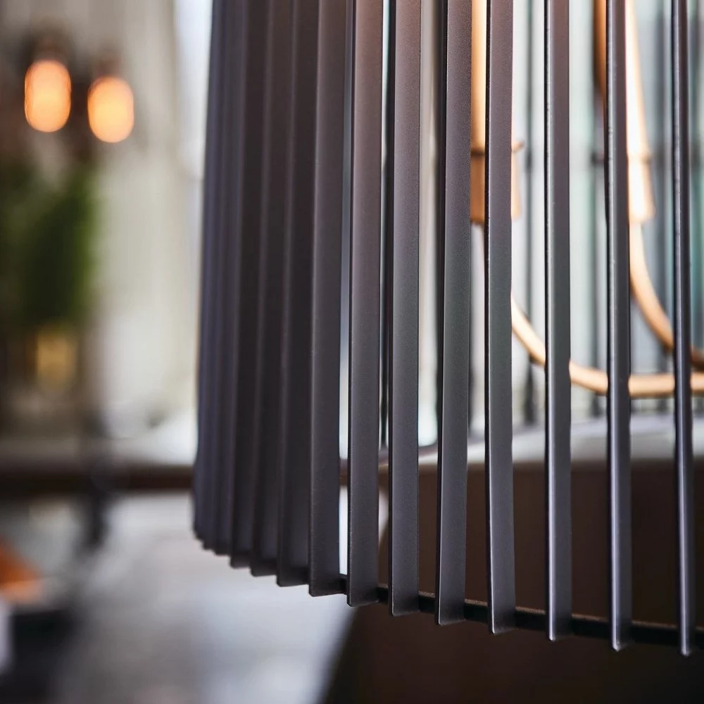 Mid Century Modern 6-Light Chandelier in Natural Brass Finish with Matte Black Metal Slatted Shade 26 inches W X 19.75 inches H Bailey Street Home