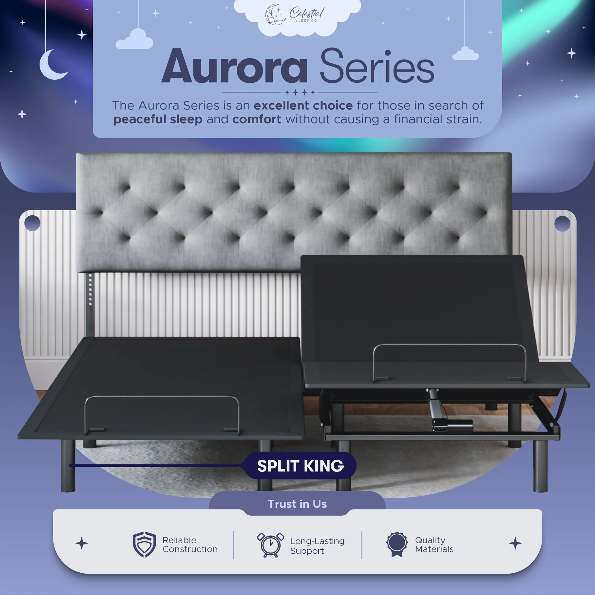 Celestial Aurora Adjustable Bed Base (Frame Only), Easy Assembly, Head and Foot Lift, Zero Gravity, Memory Positions - Split King - Curated Treasures Market