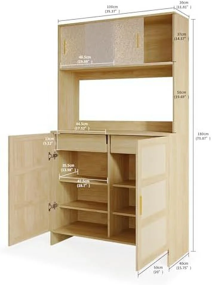 HYHBIBOOM Kitchen Rattan Pantry Cabinet   Cabinet with Rattan Doors  Sliding Doors and 2 Drawers  Freestanding Sideboard Buffet with Adjustable Shelves  Cupboard for Home (Wood Color) - Curated Treasures Market