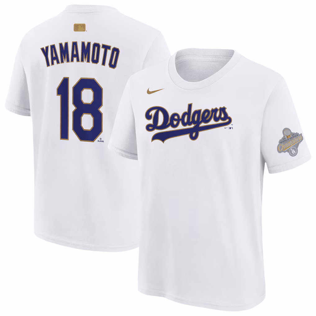 Youth Los Angeles Dodgers Yoshinobu Yamamoto Nike White 2026 Gold Collection Name & Number T-Shirt