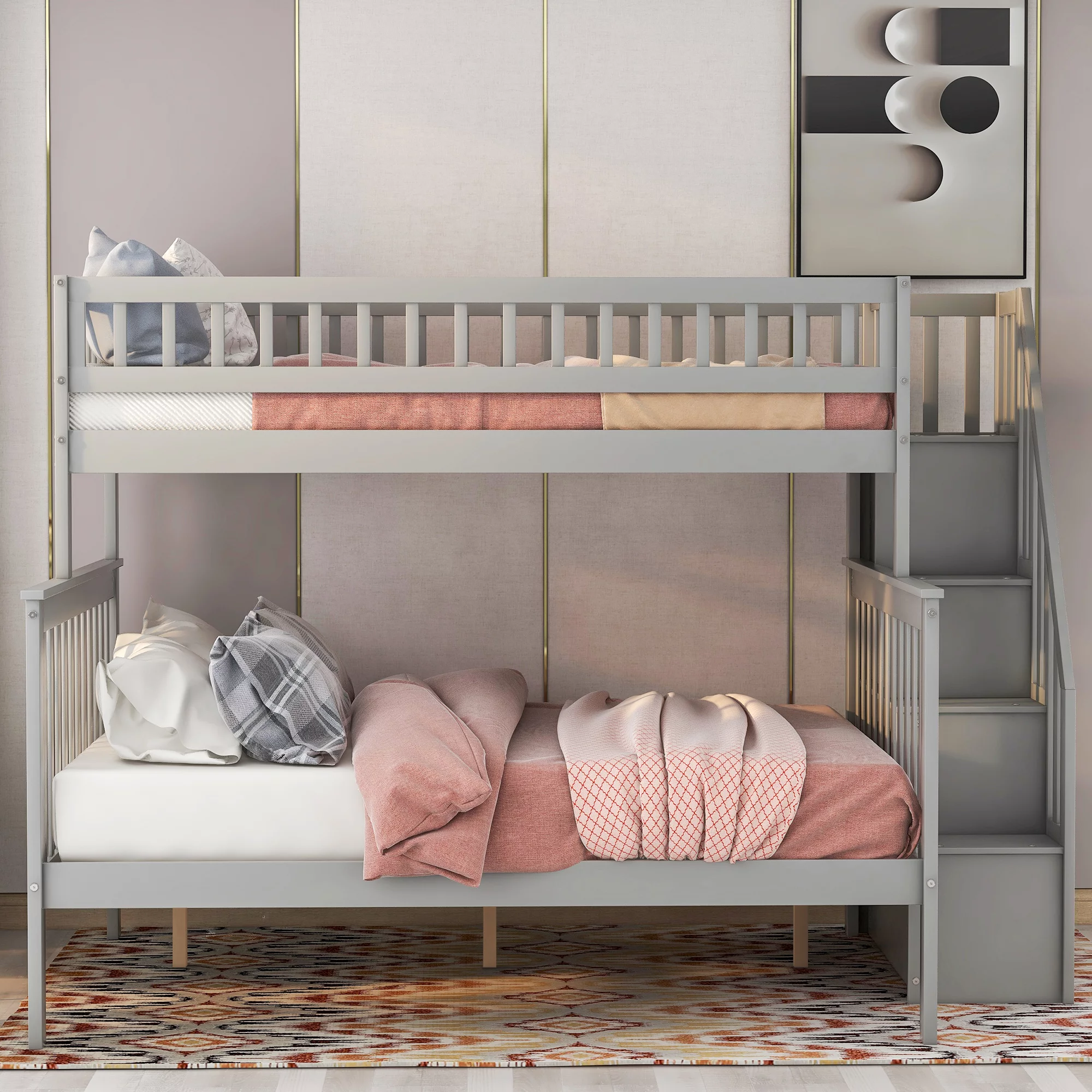 CoSoTower Twin over Full Stairway Bunk Bed with Storage. Gray