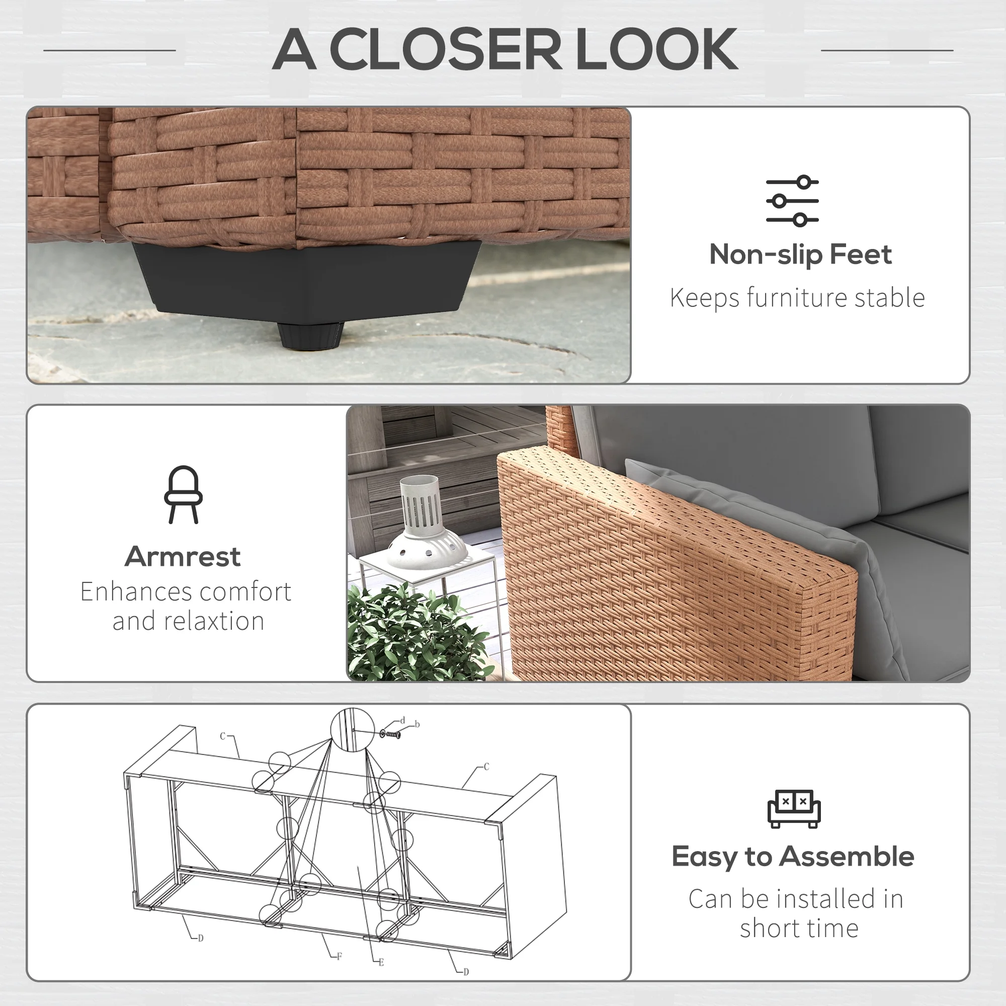 3-Seat,Weight Capacity Is 792 Pounds,Removable and Easy To Clean,comfortable,Wicker Patio Couch, PE Rattan Sofa, Outdoor Furniture with Deep Seating, Cushions, Steel Frame, Brown,Gray - Curated Treasures Market