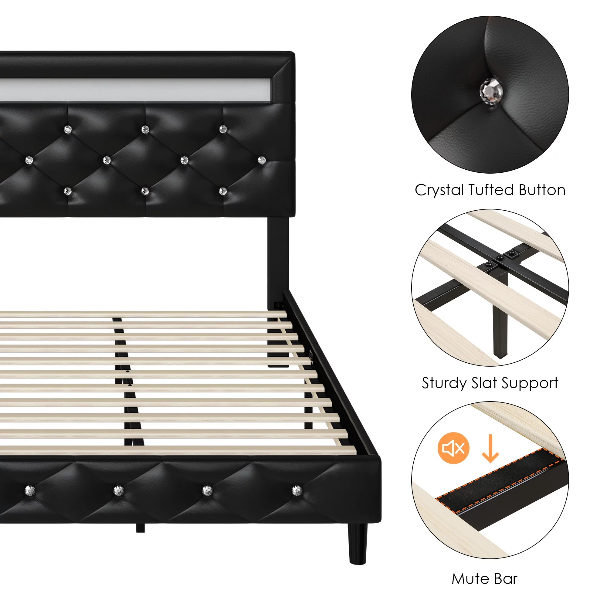 Homfa Queen Size LED Bed, PU Crystal Buckle Upholstered Platform Bed Frame with Adjustable Headboard, Black