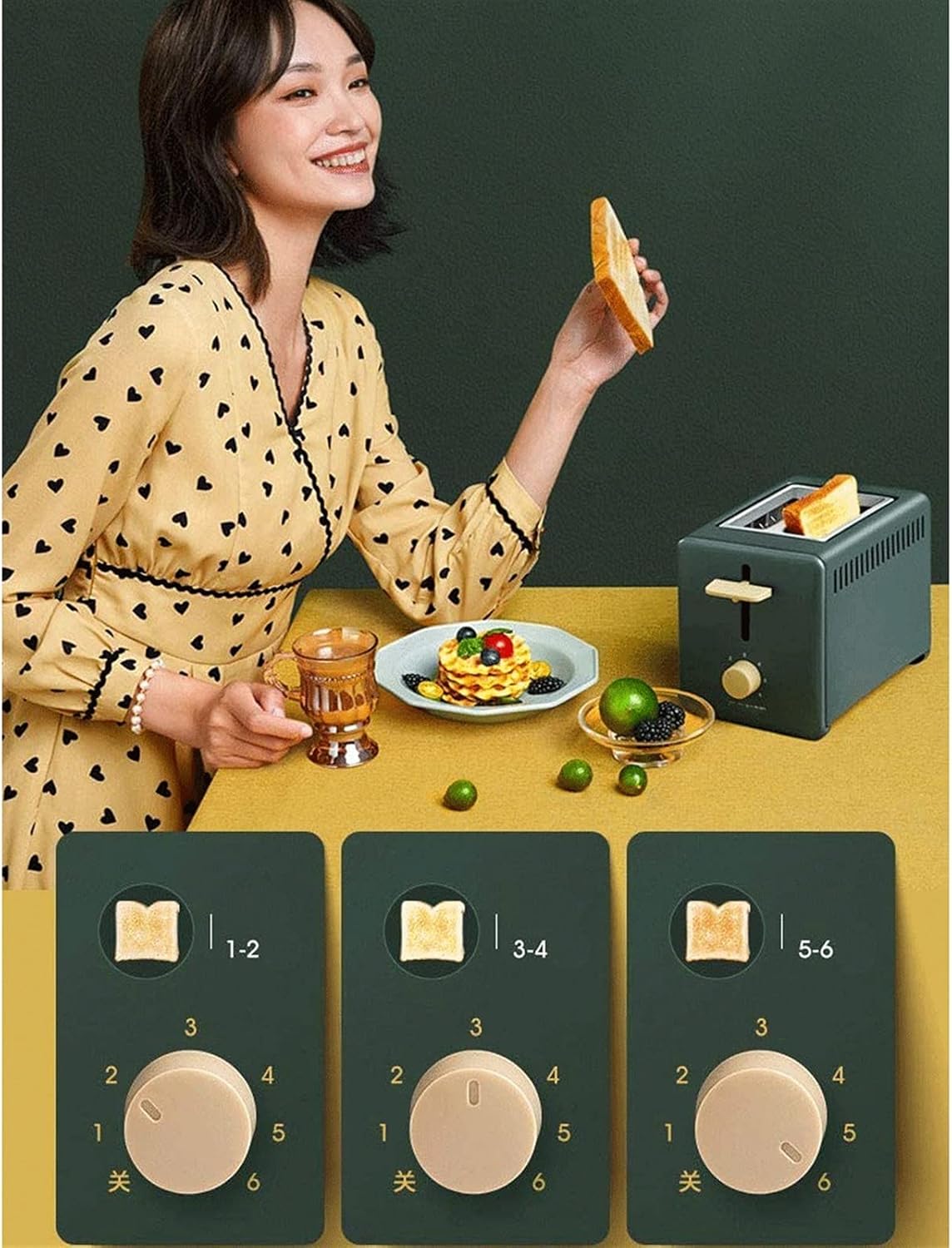 2 Slice Toaster,Retro 6 Gear Adjustment Toasters,Home Electric Toaster 2 Slice Bread Oven,Automatic Breakfast Maker with Widen The Grill and Dust Cover (Color : Pink) (Green)
