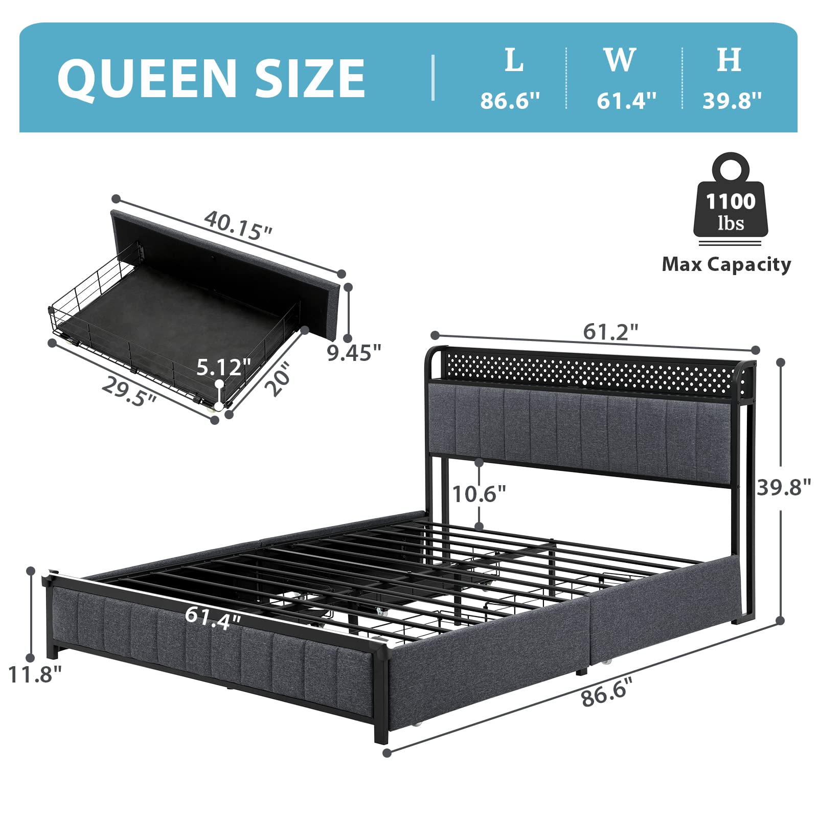 DICTAC Queen Size Upholstered Platform Bed with LED Headboard and 4 Drawers, LED Bed Frame with Outlets and USB Ports, Verticle Channel Tufting, Dark Gray