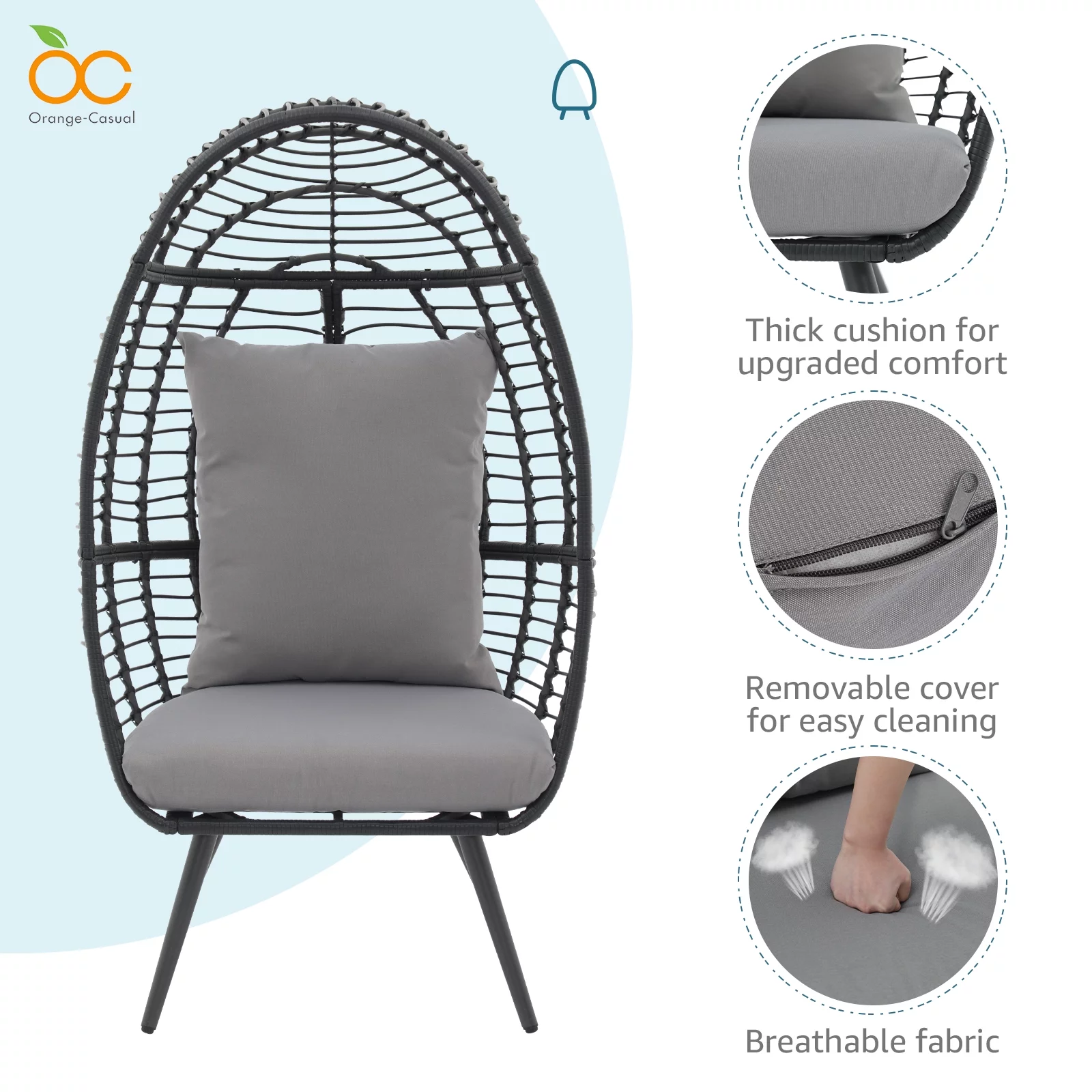 OC Orange-Casual Wicker Egg Chair, Rattan Lounge Chair, for Outside w/Legs Cushion, Outdoor Indoor, for Front Porch, Patio, Living Room, Bedroom, Backyard, Grey Cushion - Curated Treasures Market