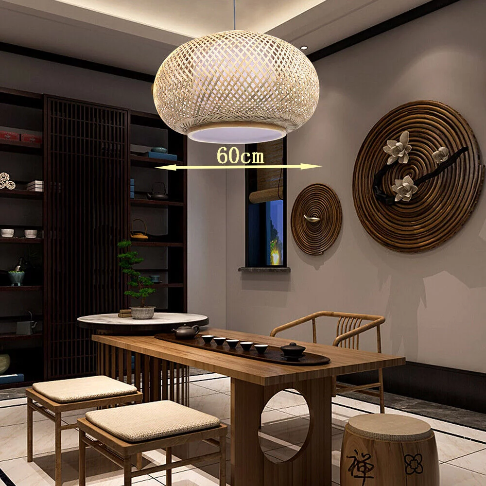 ZhdnBhnos Vintage Wicker Rattan Pendant Light Fixture Farmhouse Round Chandelier Hand-Woven Natural Bamboo Hanging Ceiling Lamp
