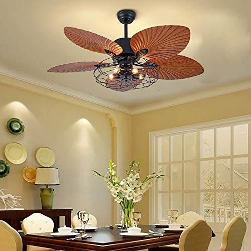 TOWOHIPPKI 52'' Tropical Ceiling Fans with 5 Palm Leaf Blades, 52 Inch Palm Leaf Fanlight with with Light and Remote, Hand-Carved Reversible Blades Chandelier Fan For Living Room Bedroom