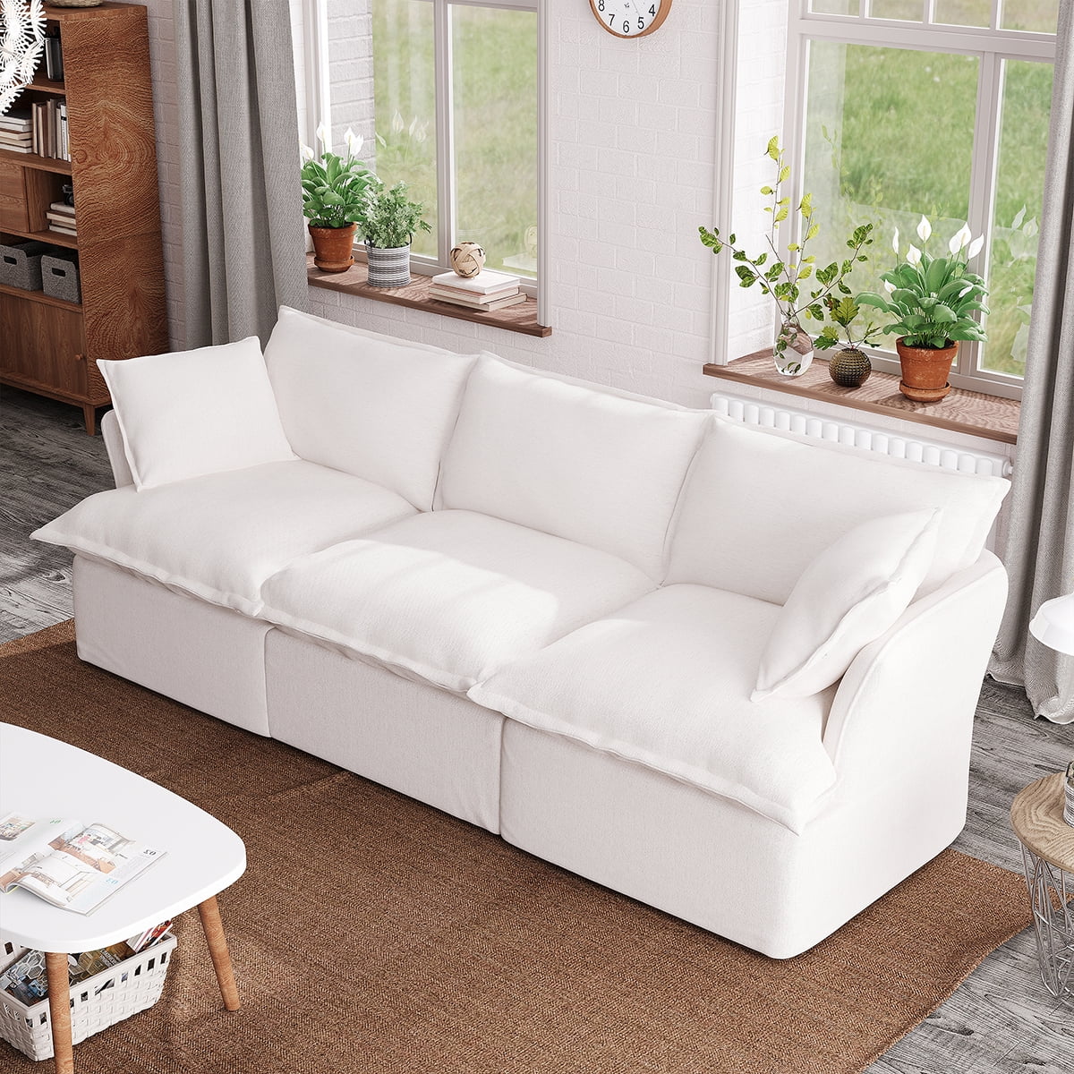 Indecor Home Sectional Sofa 3 Seater Convertible Couch Linen Blend Sofa Set for Living Room Furniture White - Curated Treasures Market