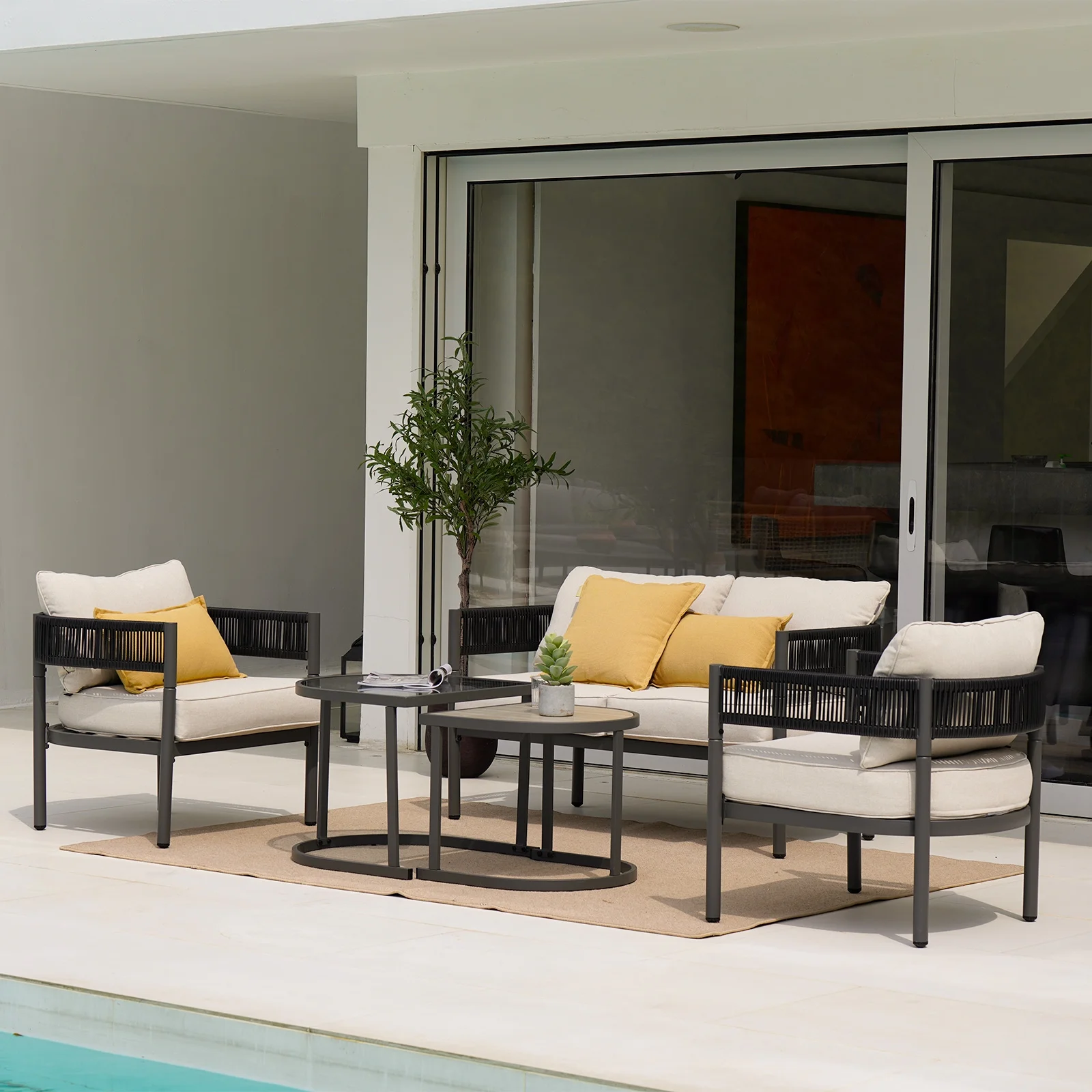 Grand Patio 5-Piece Outdoor Conversation Set, Modern Outdoor Sofa, Woven Wicker, Steel Frame, with Thick Cushions and Nested Table, Patio Furniture for Backyard, Beige