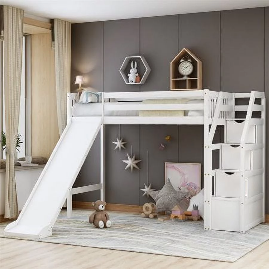 CHURANTY Twin size Wood Loft Bed with Slide and Storage Stairs,White - Curated Treasures Market