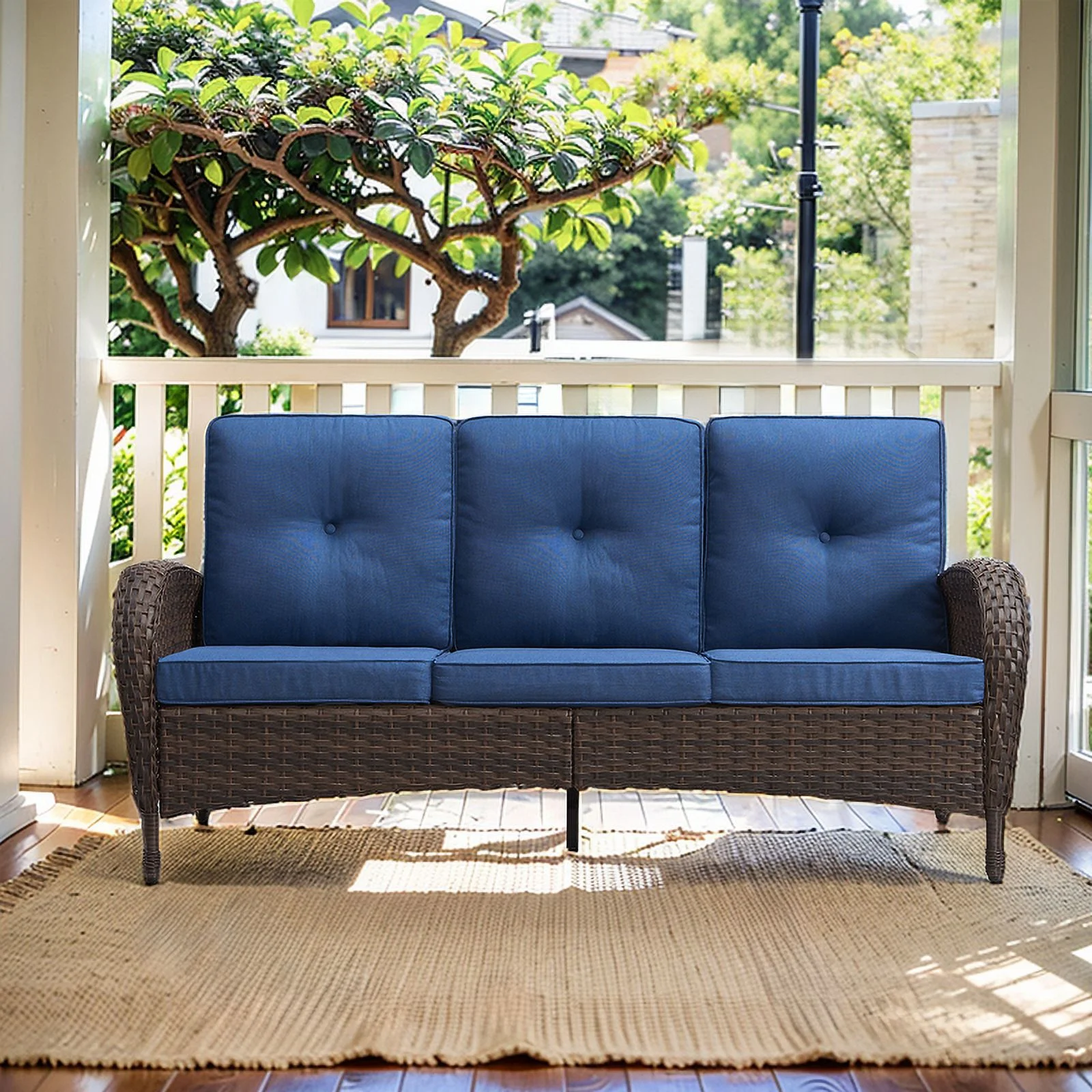 PARKWELL Outdoor 3 Seats Patio Sofa Furniture, All-Weather Wicker Rattan Couch with Removable Cushions,Blue - Curated Treasures Market