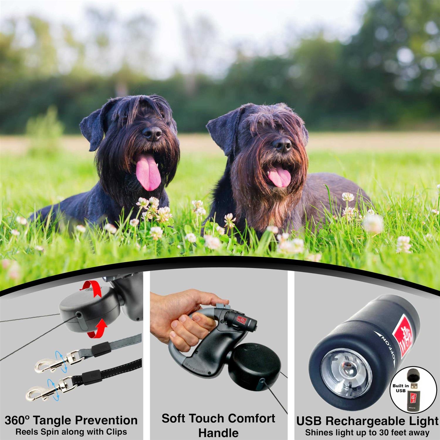 Wigzi Dual Doggie Retractable Leash with Light No Tangle 360 Coupler