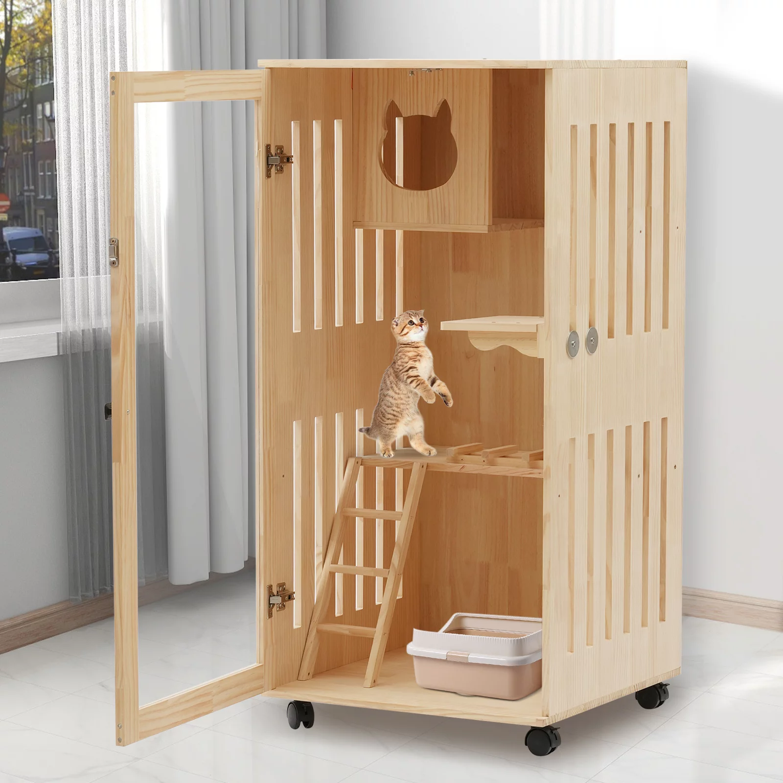 Miumaeov Large Wooden Cat House for Outdoor and Indoor Cats,Luxury Multi-Feature Cat Condo with Cat Scratching Posts Oversized Cat Villa on Wheels (23.62*23.62*47.24 inch) - Curated Treasures Market