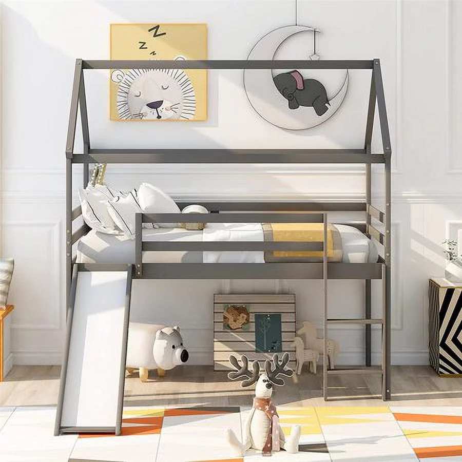 CHURANTY Twin Size Loft Bed with Slide, Wood House Loft Bed Frame , Twin Size Playhouse Loft Bed for Kids Boys Girls, Gray - Curated Treasures Market
