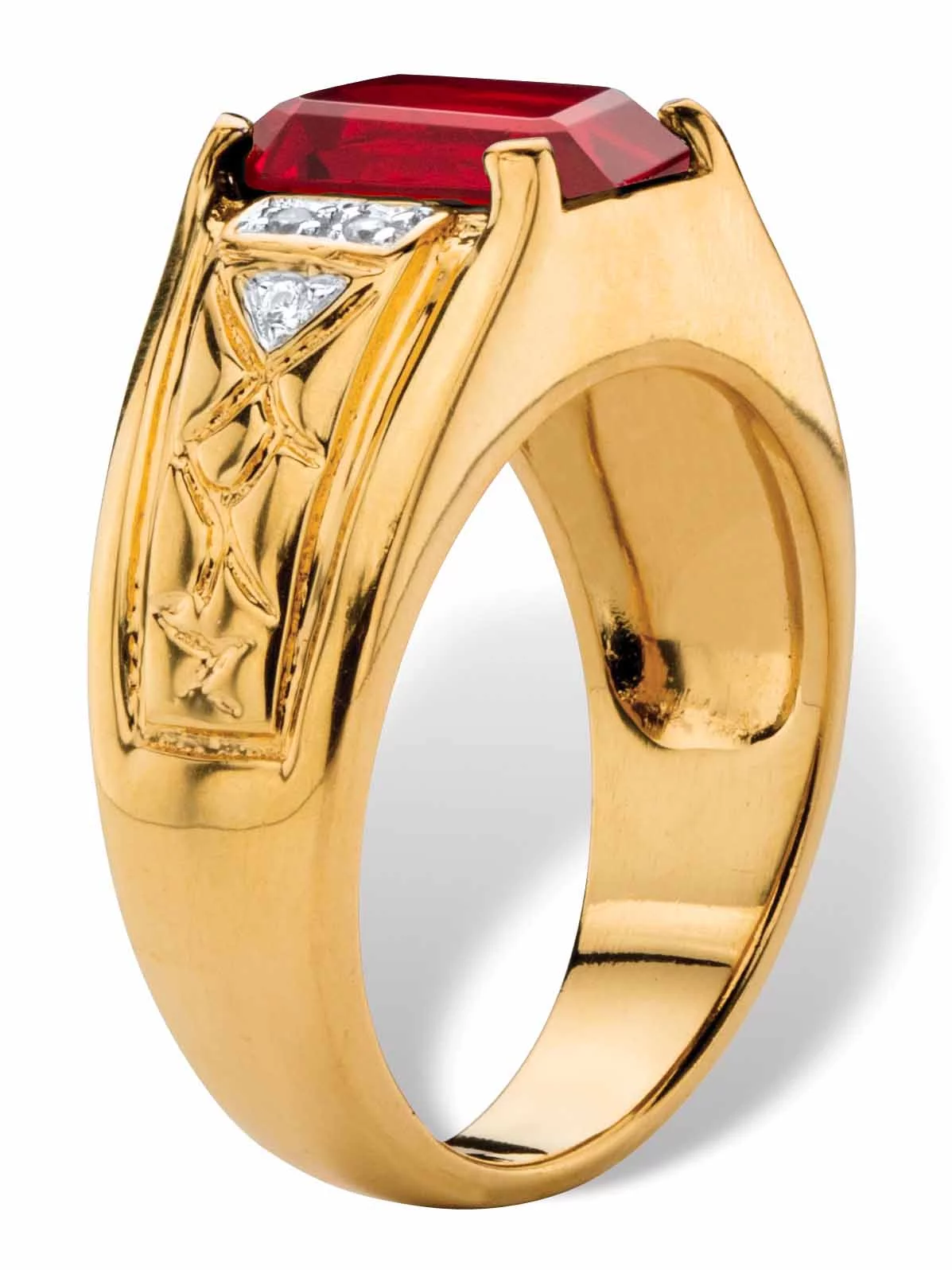 PalmBeach Jewelry Men's 3.55 TCW Emerald-Cut Faceted Genuine Red Garnet and Diamond Accent Etched Ring 18k Gold-Plated - Curated Treasures Market