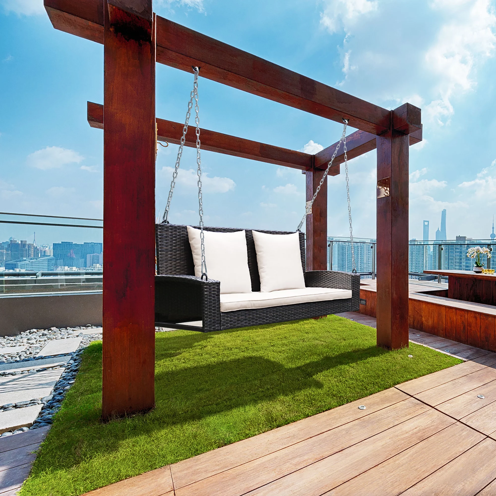 Costway 2-Person Patio Rattan Hanging Porch Swing Bench Chair Cushion Turquoise