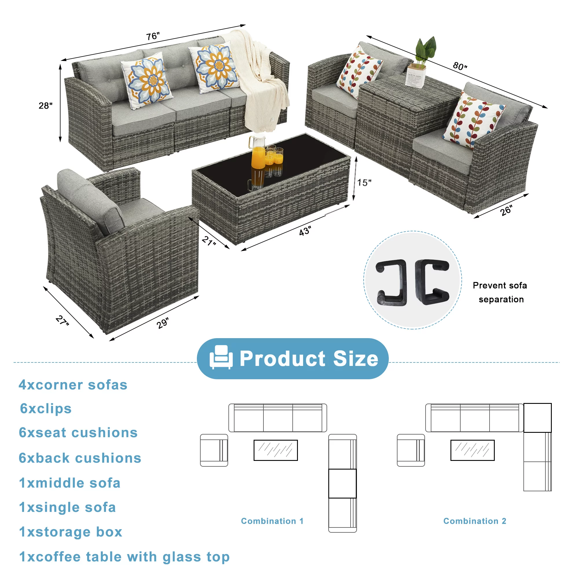 Superjoe Outdoor Patio Furniture Set 8 Pcs Aluminum Frame Conversation Sofa Set with Storage Box and Coffee Table,Gray - Curated Treasures Market