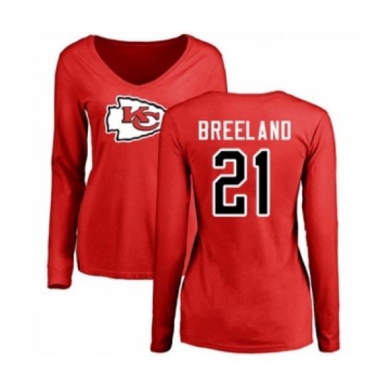 Football Women's Kansas City Chiefs #21 Bashaud Breeland Red Name & Number Logo Slim Fit Long Sleeve T-Shirt