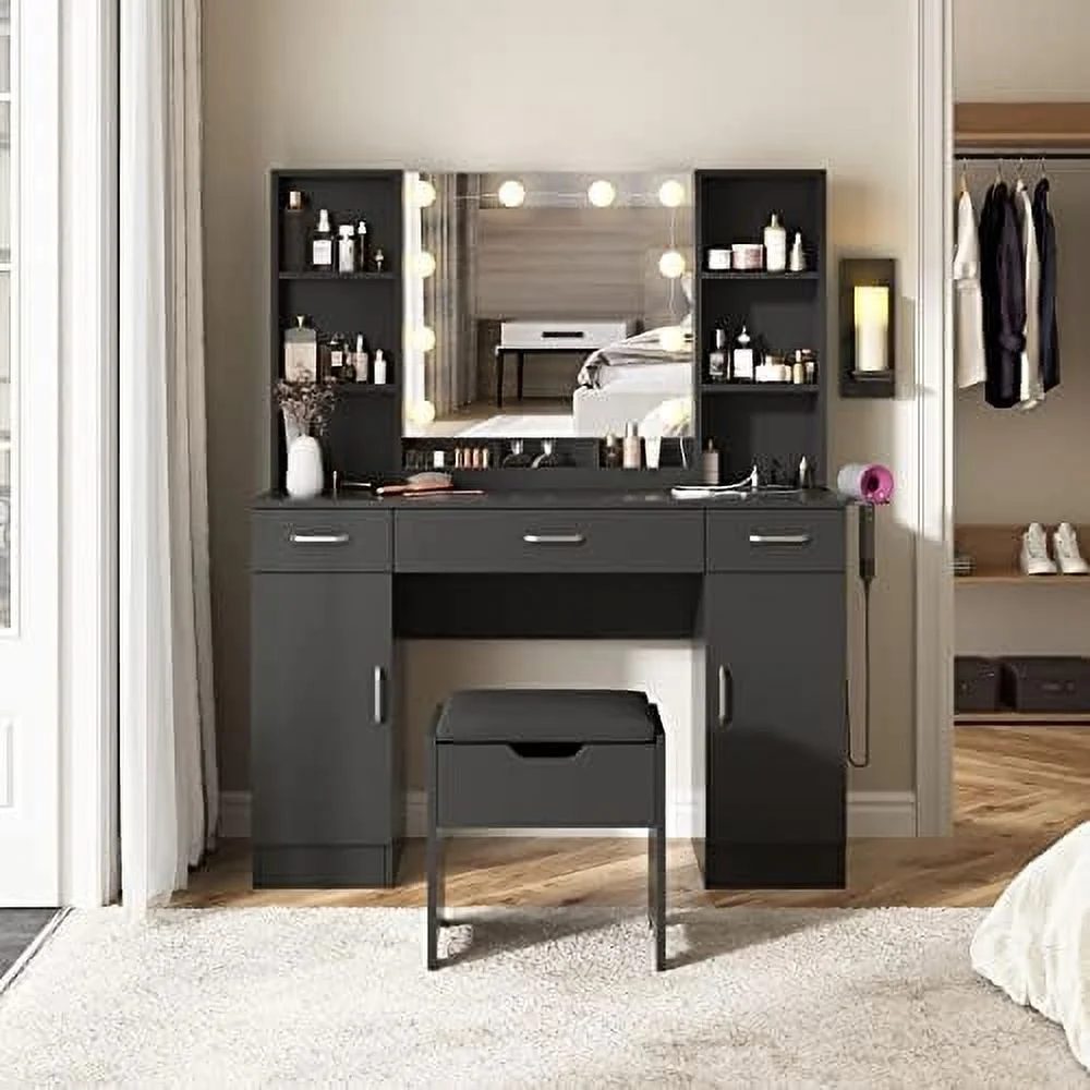 TJCGDTY Vanity Table with Lighted Mirror & Power Strip  Large Vanity Set Vanity Desk with Lots   3 Lighting Modes  Brightness Adjustable  45.2in(L) - Curated Treasures Market