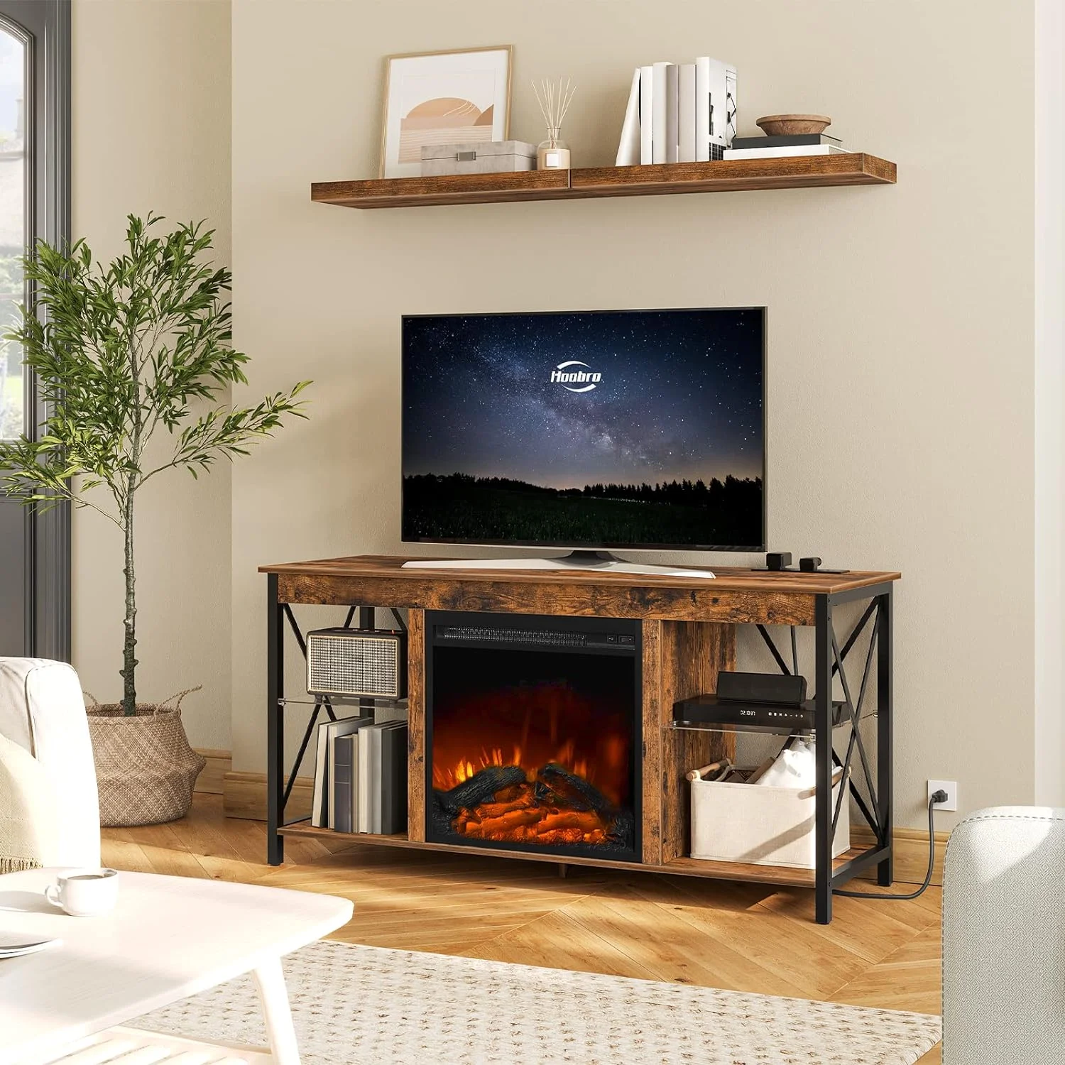 HOOBRO Fireplace TV Stand with Led Lights and Power Outlets Rustic Brown BF120UDDS01