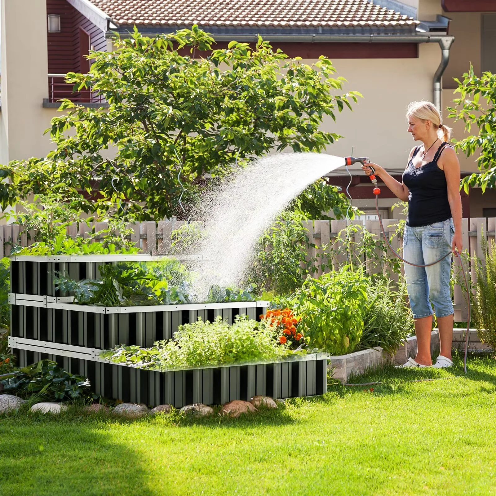 MOPHOTO 3 Tiers Raised Garden Bed, 51'' x 35.4'' x 35.4'' Galvanized Steel Metal Outdoor Patio Garden Elevated Planter Box for Growing Vegetables Flowers, Black - Curated Treasures Market