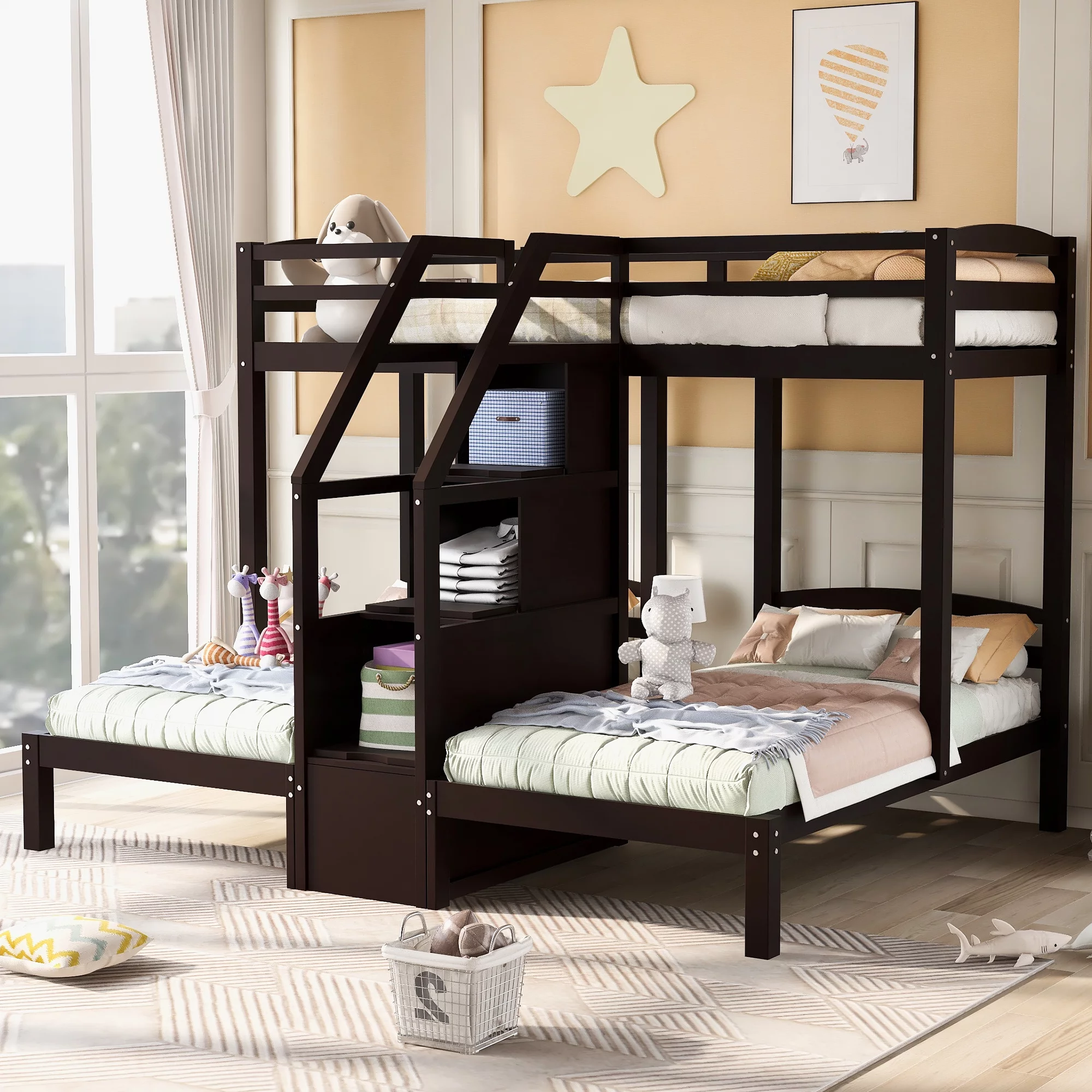 EUROCO Twin over Twin & Twin Bunk Bed with Staircase and Drawers for Kids Bedroom, 3-in-1 Bunk for More Kids, Storage Staircase, Espresso - Curated Treasures Market