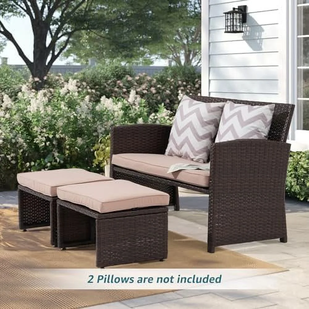 TQJKLFDY Outdoor Loveseat 3 Piece Patio  Set Outdoor Conversation Set All-Weather Wicker Love Seat with Ottoman/  Brown Rattan  Blue - Curated Treasures Market