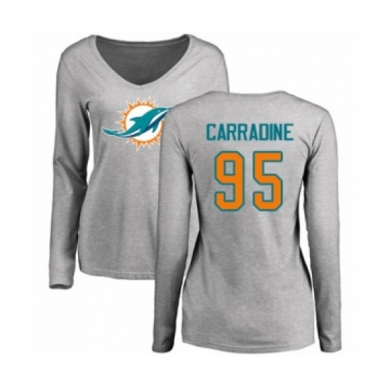Football Women's Miami Dolphins #95 Tank Carradine Ash Name & Number Logo Long Sleeve T-Shirt