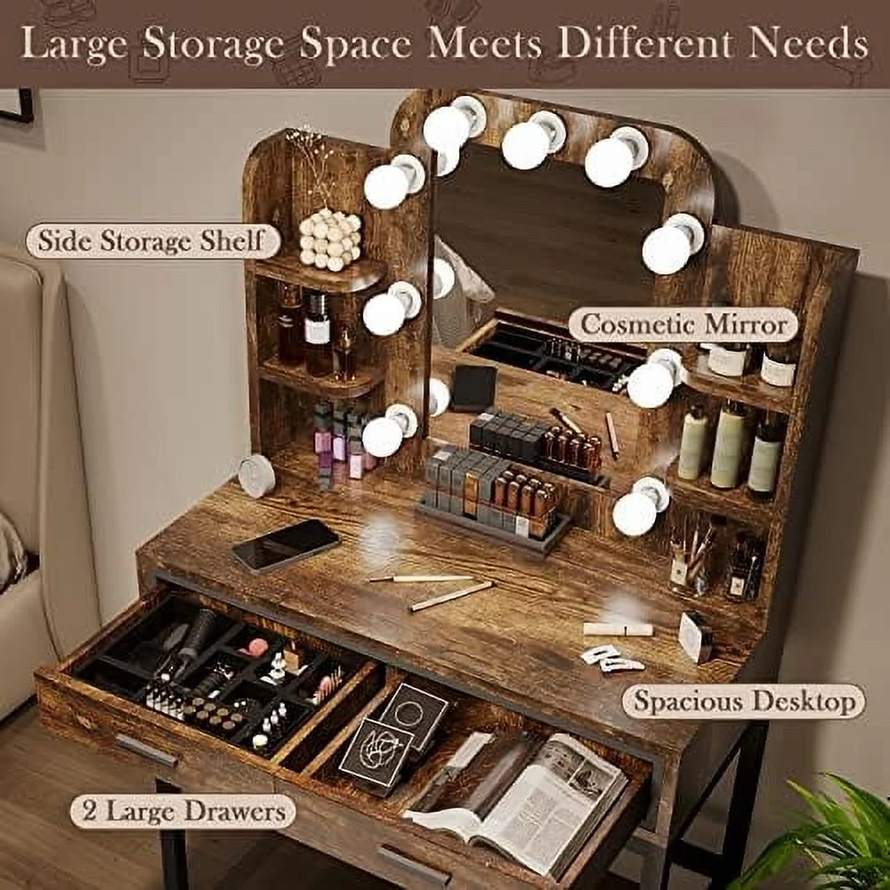 TQJKLFDY Vanity Desk with Mirror & Lights   Vanity Table with 9 LED Lights 2 Drawers and 4  Shelves  Vintage Vanity Set  Table for Bedroom  Rustic Brown - Curated Treasures Market
