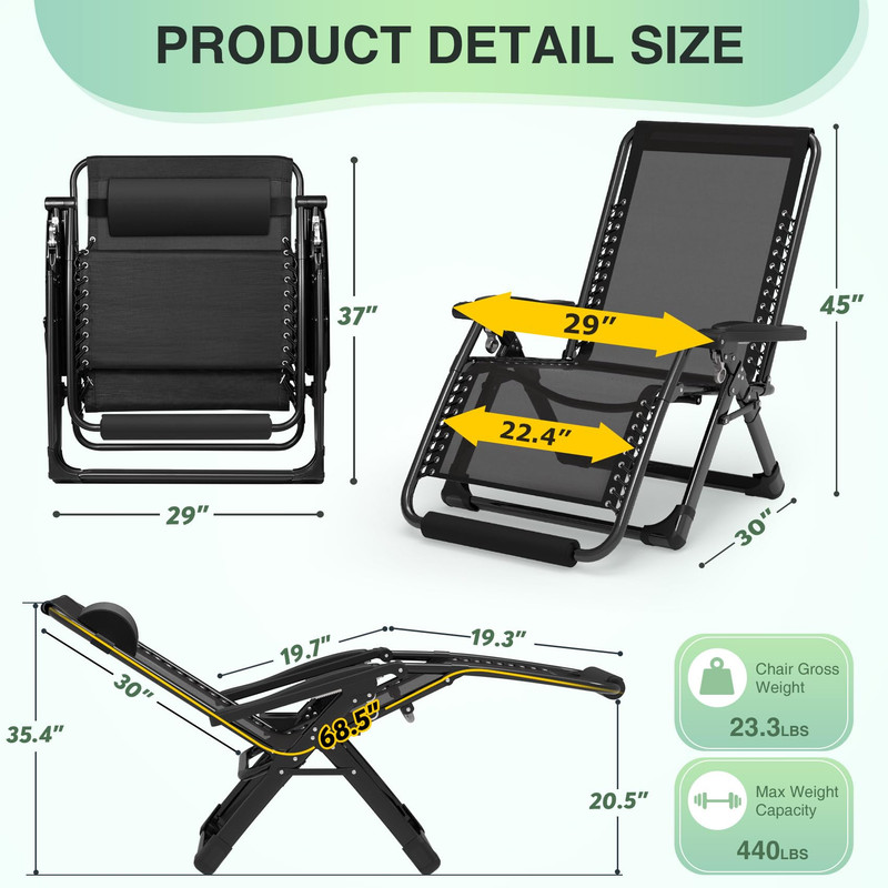 Oversized Zero Gravity Chair,29In XL Lounge Chair w/Removable Cushion&Headrest, Reclining Camping Chair w/Upgraded Lock and Footrest, Reclining Patio Chairs Recliner for Indoor Outdoor - Curated Treasures Market