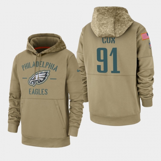 Men's Philadelphia Eagles #91 Fletcher Cox 2019 Salute to Service Sideline Therma Pullover Hoodie - Tan