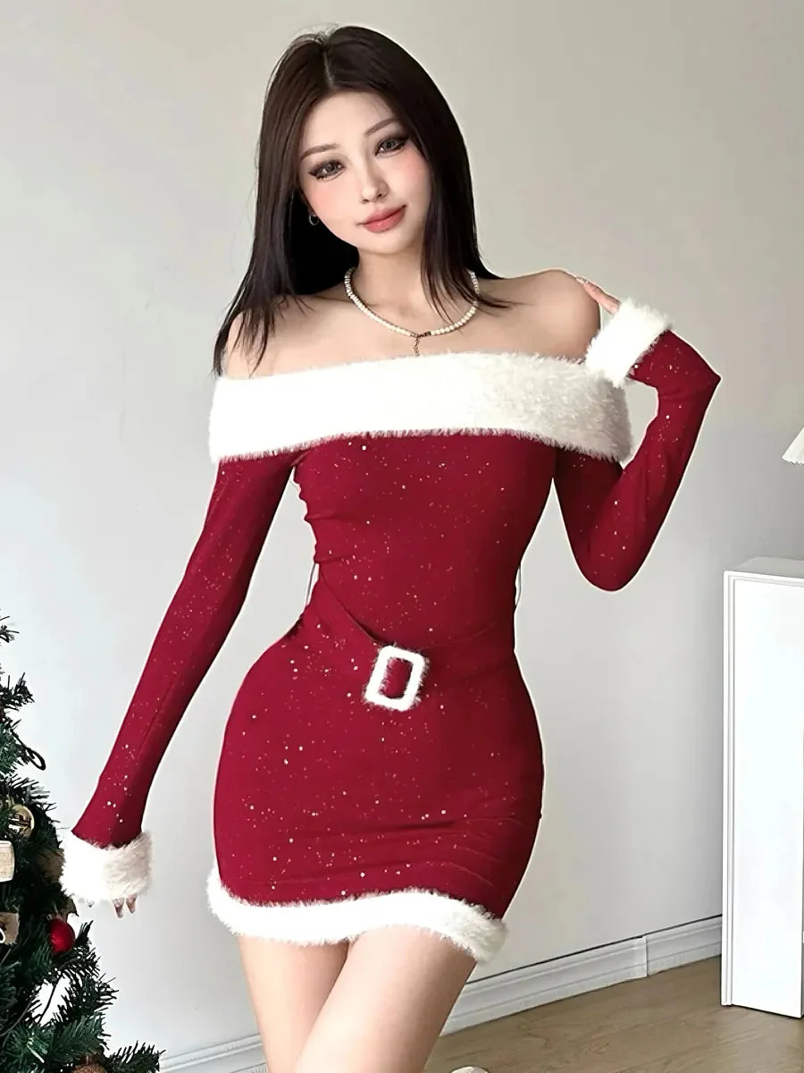 'Santa Tell Me' Off Shoulder Glittering Fluffy Christmas Dress