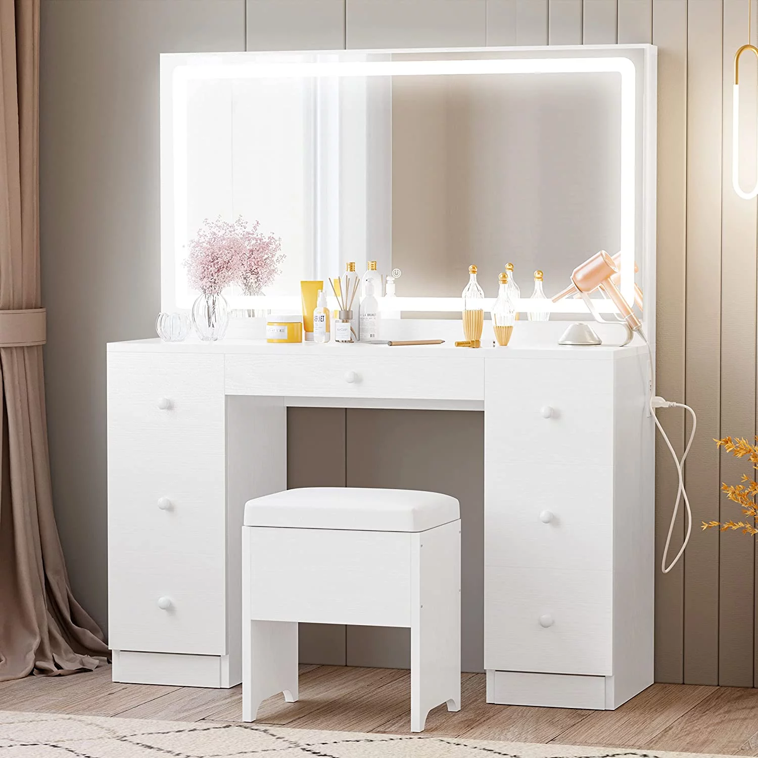 IRONCK Vanity Desk Set with LED Lighted Mirror & Power Outlet, 7 Drawers Makeup Vanities Dressing Table with Stool, for Bedroom, White - Curated Treasures Market
