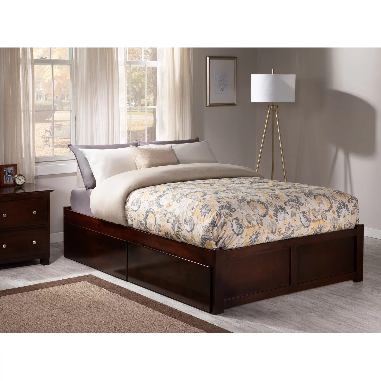 AFI Concord Queen Platform Bed with 2 Bed Drawers in Walnut