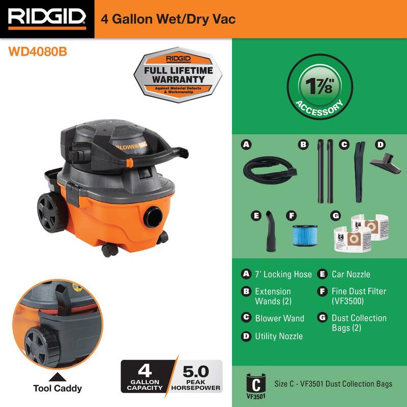 4 Gallon 6.0 Peak HP Wet/Dry Shop Vacuum with Detachable Blower, Fine Dust Filter, Two Dust Bags, Hose, and Accessories