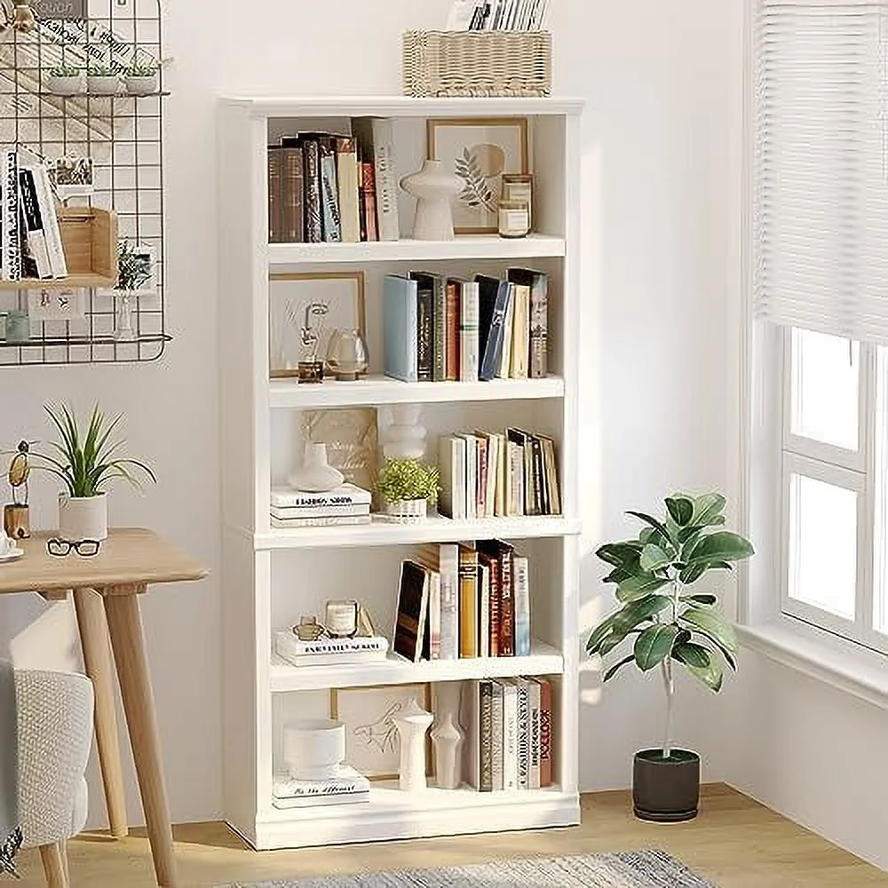 JDZHAPPYLIFE 5- Tall Bookcase White Wooden Bookshelves 33in Wide Floor Standing Display  Shelves 70 in Tall Bookcase for Home Office  Living Room  Bed Room - Curated Treasures Market