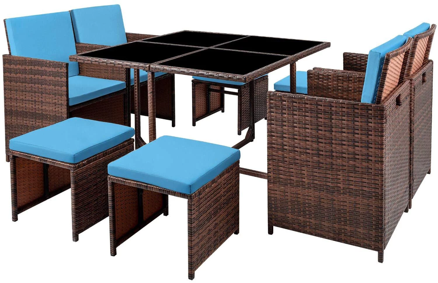 Homall 9 Pieces Outdoor Dining Sets Patio Rattan Conversation Set Outdoor Space Saving Wicker Chairs with Glass Table,Blue