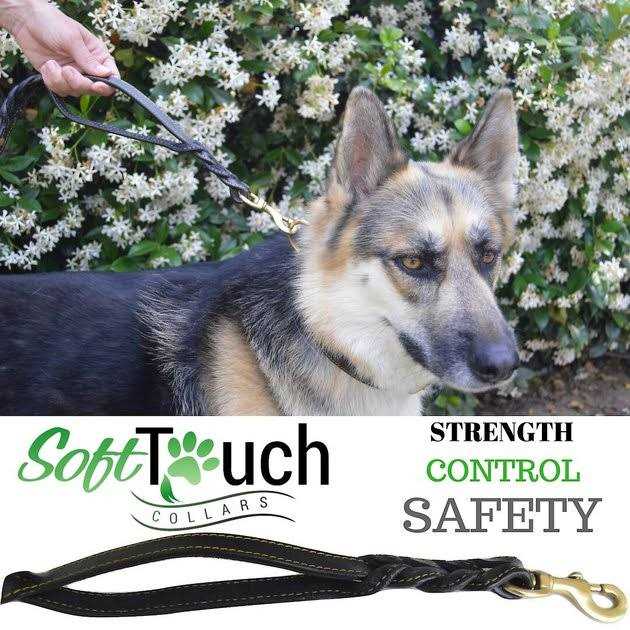 Soft Touch Collars 6 Foot Braided Leather Dog Leash with Traffic Handle, Two Handles for Training and Safety